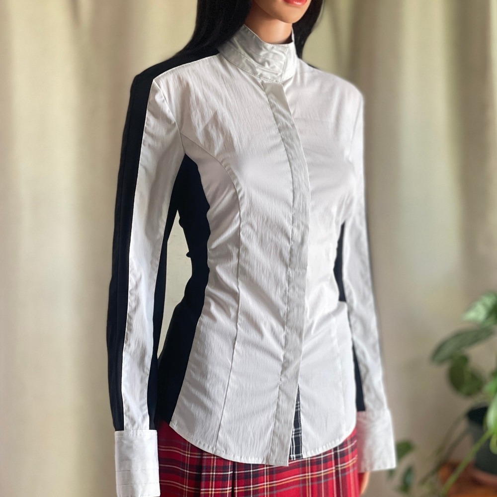 Asmar Equestrian Women Black White Colorblock Mock Neck Show Shirt Small